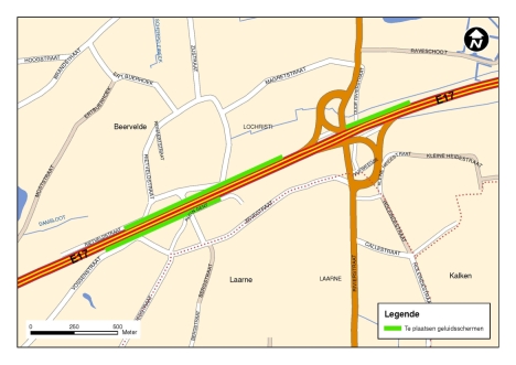kaartje met aanduiding van de locaties waar de geluidschermen op de E17 in Beervelde zullen worden geplaatst