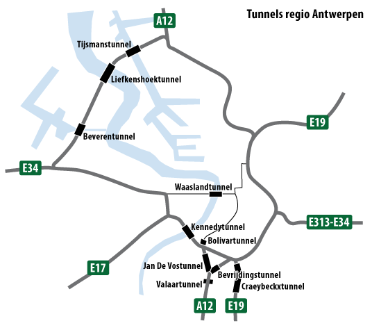 situering tunnels in regio Antwerpen